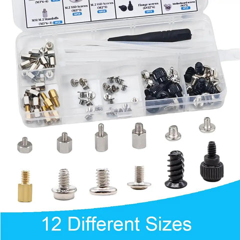 Heavy Duty M2 Standoff And Screw Kit Compatible With Asus Gigabyte Asrock Msi Motherboards For Nvme Sata Hdd PC Cases Fans Psu Build Upgrades Gonna Last A Lifetime No Sweat Assembly with assorted screws and standoffs.