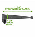 Pack Of 25 Black Wrought Iron Offset Pintle Strap Hinges For 11.75 Inch Shutter and Gate with measurements labeled