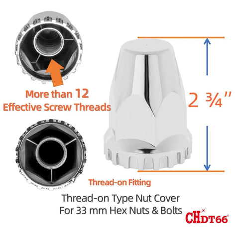 Chrome Wheel Cover Set For Semi Trucks 33mm Lug Nut Covers with thread-on design and durable ABS material for easy installation.