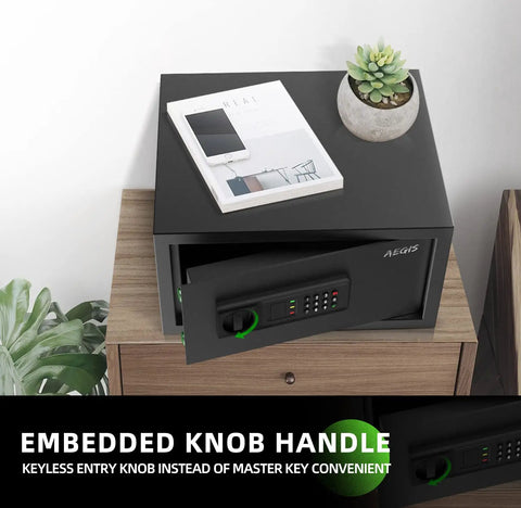 0.8 Cubic Foot Electronic Safe With Digital Keypad For Home Or Office on wooden stand with plants and knob detail