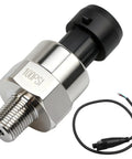 Beefy 100 Psi Stainless Steel Pressure Transducer Sensor With Connector Harness For Oil Fuel Water And Air, 0.5V To 4.5V Output, Five Volt DC, One Eighth Inch Npt Thread shown with black connector harness.