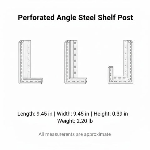 Diagram of Heavy Duty Perforated Angle Steel Shelf Post 94.5 Inch White Upright with measurements.