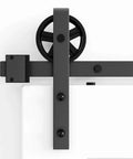 Close-up of Black Antique Sliding Barn Door Roller Kit With Floor Guide and Door Stoppers, heavy-duty J shape bent design.