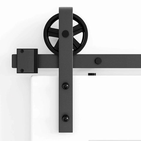 Close-up of Black Antique Sliding Barn Door Roller Kit With Floor Guide and Door Stoppers, heavy-duty J shape bent design.
