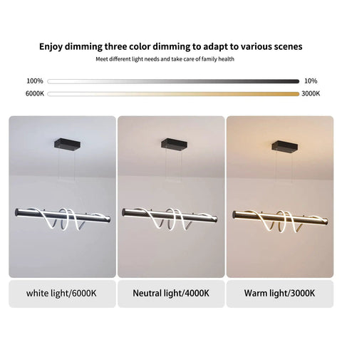 Modern Black Wave Linear Pendant Light With Remote Dimmable 55W LED Chandelier showing three light settings: white, neutral, warm.