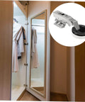 Hydraulic Glass Door Hinges 4 Pack For Frameless Cabinets And Cupboards With Soft Close Damping Silver Finish Durable Cold Rolled Steel Construction Smooth Quiet Close For Glass Cabinet Doors Easy Clip Mount shown installed on a mirrored cabinet door.