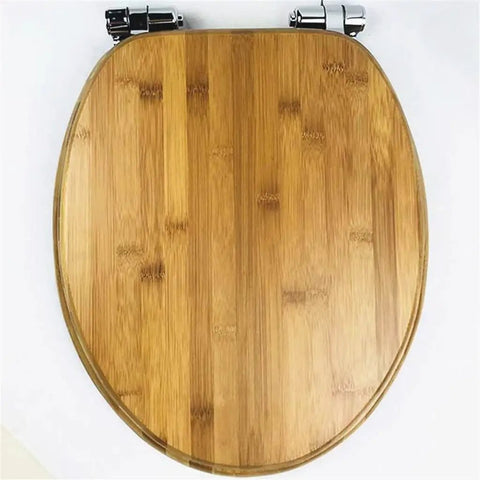 Heavy Duty Slow Close Solid Wood Elongated Toilet Seat With Natural Bark Finish top view showcasing smooth surface and chrome hinges.