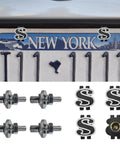 Fresh Ride Upgrades Four Piece Set Of Dope Black Us Dollar Car License Plate Screws Heavy Duty Carbon Steel and ABS Plastic Fasteners on a New York license plate.