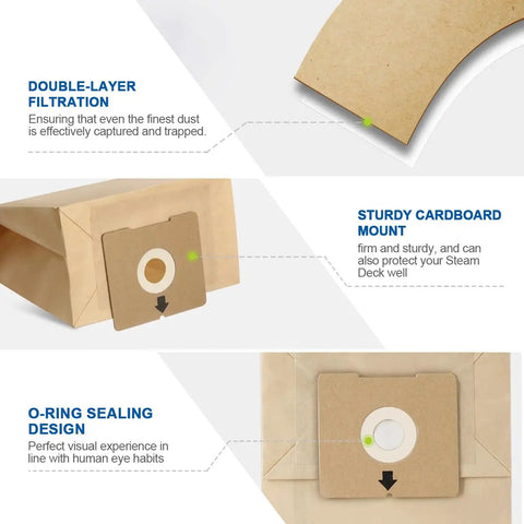 Six Pack Vacuum Bags That Fit Bissell Zing Canisters 4122 4122D 1668 1668C 1668W 2154A 2154C 2154W 1608 And PowerForce Plus Replacement Part 2138425 With Self Sealing Ring For Easy Emptying showing designs and features