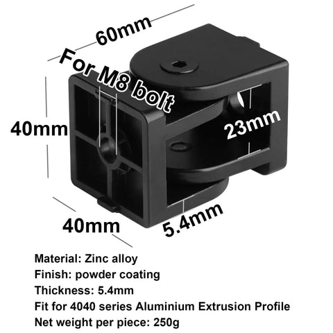 Heavy Duty Black Pivot Joint Hinges 4 Pack Fits 4040 T Slot Aluminum Extrusion Profile Slick Zinc Alloy Construction With M8 Mounting Holes showing dimensions and details.