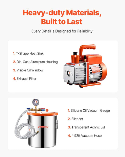VEVOR 5-gallon stainless vacuum chamber with acrylic lid and 4.92 ft hose; orange pump included