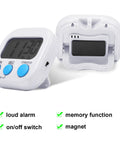 White modern stylish finish Bulk 12 Pack Digital Kitchen Timers with Magnetic Mounts showing front view and back view with features