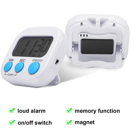 White modern stylish finish Bulk 12 Pack Digital Kitchen Timers with Magnetic Mounts showing front view and back view with features