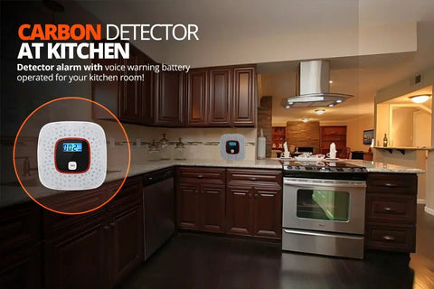 No Brainer CO Alarm With Digital LCD Display And Voice Warning Battery Powered Home Safety Detector in kitchen setting