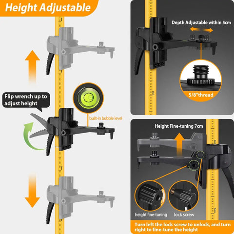 Illustration showing height adjustment and fine-tuning features of Telescoping Laser Level Pole With Adjustable Tripod Mount Up To Three Point Seven Meters Or Twelve Point One Four Feet For Rotating Laser Levels Includes Quarter Inch By Twenty Inch Laser Pole Mount And Five Eighths By Eleven Adapter Nut.