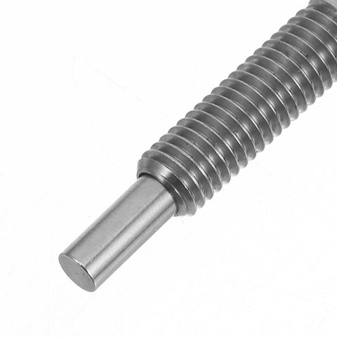 Heavy Duty Retractable Stainless Steel Plunger Pin With Spring Loaded Handle Knob For Drop Dead Solid Cabinet Security Quick Snap Toolbox Latch And Drawers close-up of metal plunger pin with threaded body.