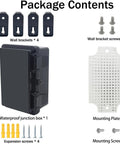 Otdorpatio IP67 black ABS junction box with mounting plate; 4 wall brackets, 4 expansion screws, 2 mounting screws.