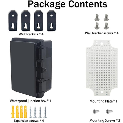 Otdorpatio IP67 black ABS junction box with mounting plate; 4 wall brackets, 4 expansion screws, 2 mounting screws.