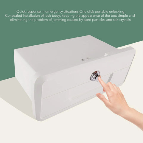 Front view of a white plastic lockable boat glove box console for pontoon yacht with chrome turn lock