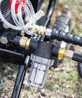 Close-up of Heavy Duty Garden Hose Filter With Inline Sediment Screen and 3/4 Inch Male Female Threads, used with pressure washer.
