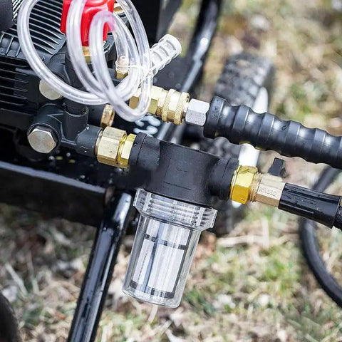 Close-up of Heavy Duty Garden Hose Filter With Inline Sediment Screen and 3/4 Inch Male Female Threads, used with pressure washer.