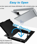 Custom Sized Black Drywall Access Panel With Slick Touch Latch And Heavy Duty Aluminum Frame For Ceilings Walls Quick Flush Install For Hidden Plumbing Electrical Work No Sweat Setup showing 120-degree opening design.