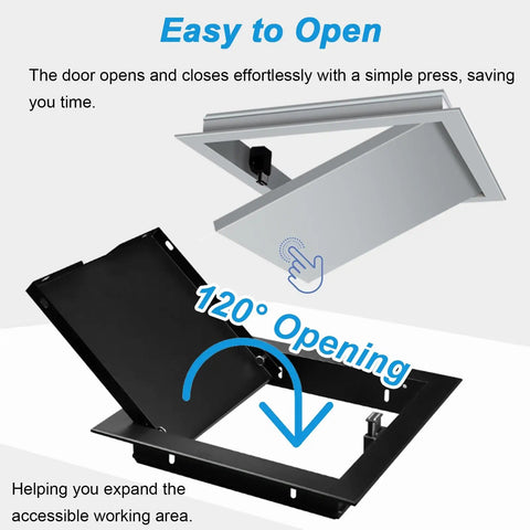 Custom Sized Black Drywall Access Panel With Slick Touch Latch And Heavy Duty Aluminum Frame For Ceilings Walls Quick Flush Install For Hidden Plumbing Electrical Work No Sweat Setup showing 120-degree opening design.