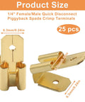 Heavy Duty 25 Pack Piggyback Spade Connectors Bulletproof Uninsulated Brass Quick Splice Tee Adapters showing 1/4" size with gold finish.