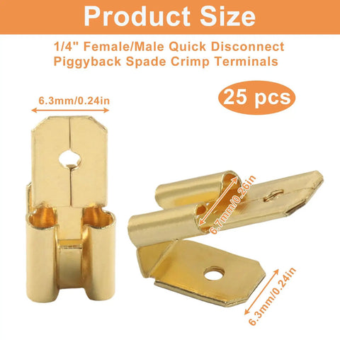Heavy Duty 25 Pack Piggyback Spade Connectors Bulletproof Uninsulated Brass Quick Splice Tee Adapters showing 1/4" size with gold finish.