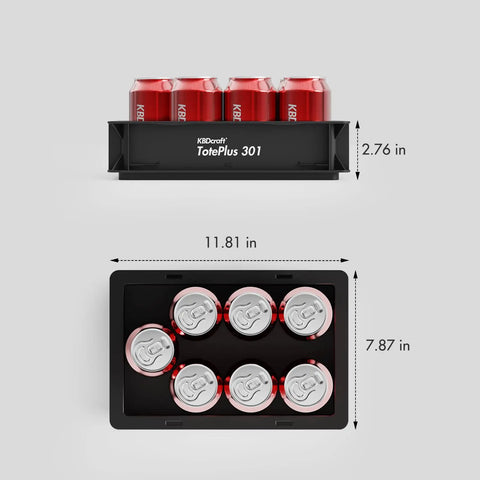Top view and side view of black plastic storage bin with six soda cans, dimensions labeled, showcasing storage capacity and size.