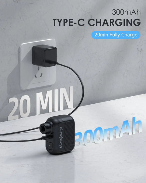 Pocket Sized Electric Bike Pump With 100 PSI, type-C charging, plugged into wall outlet, lightweight 94 grams