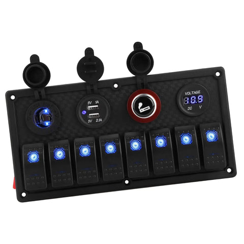 Eight Gang Rocker Switch Panel With Dual USB Outlets And Digital Voltmeter LED 12V 24V Marine Power Hub for vehicles