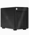 Kickass Four Bay Thunderbolt Storage Enclosure With Rock Solid Raid Setup And Dang Fast Up To 1527Mbps Throughput designed for 2.5 and 3.5 inch drives in a black aluminum frame.