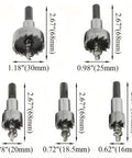 Heavy Duty Rock Solid HSS Hole Saw Drill Bits Set Tough As Nails Workhorse Cutter For Wood Metal Aluminum Plastic No Drama, sizes 16mm to 30mm.