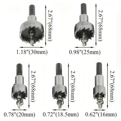 Heavy Duty Rock Solid HSS Hole Saw Drill Bits Set Tough As Nails Workhorse Cutter For Wood Metal Aluminum Plastic No Drama, sizes 16mm to 30mm.