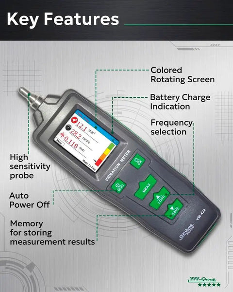 Workhorse Industrial Vibration Meter VM 422 With Memory For Trend Tracking, 3 In 1 Vibration Diagnostics, Measures Acceleration 0.1 To 199.9 m/s2, Velocity 0.1 To 199.9 mm/s, Displacement 0.001 To 1.999 mm, 10 Hz To 4 kHz, 500 Data Storage. handheld vibration meter with display