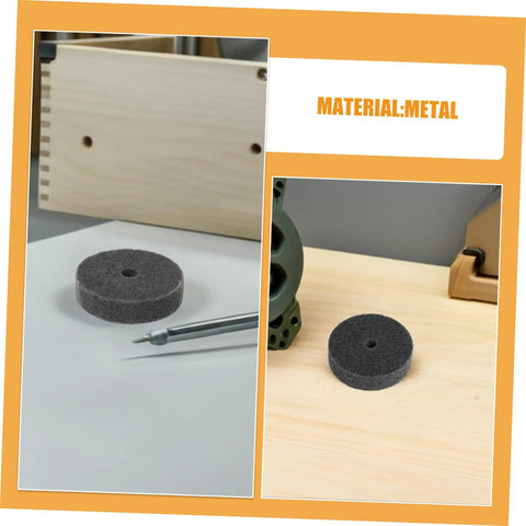 Six Pack Nylon Polishing Wheels 75mm Size With 10mm Center Hole Non Abrasive Buffing Pads For Auto Detailing Marble Stone And Workshop Grinders That Rock - dark grey nylon pad on a workbench.