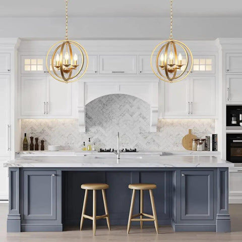 Gold Orb Chandelier With Three Lights Modern Globe Ceiling Fixture in kitchen over island, elegant hollow globe design.