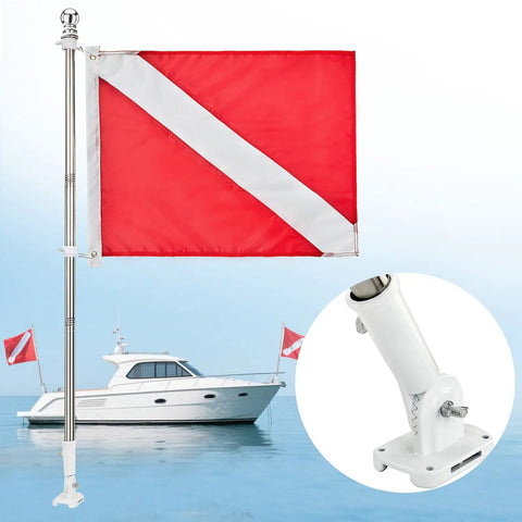 4 Ft Pro Grade Stainless Dive Flag Pole Kit with 1 Inch Tangle Free Pole and bracket, boat in background