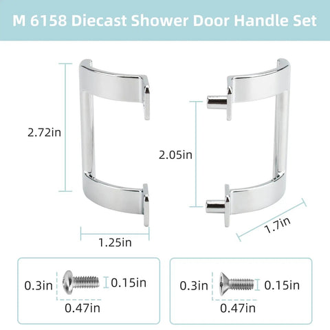 Heavy Duty Chrome Plated Shower Door Handle Replacement Set dimensions and mounting hardware specifications.