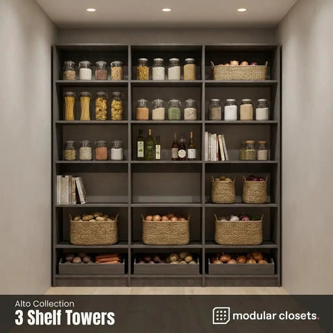 Wall Mount Three Shelf Tower Kit Game Changer Vertical Storage Rack For Compact Pantry Or Closets Built Different Grey Steel Shelving Unit Easy Install Knockout Space Saver