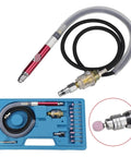 Compact And Dang Handy Mini Pneumatic Sanding Pen With Air Die Grinder Kit, complete set with pink sanding tips on blue tray.