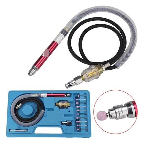 Compact And Dang Handy Mini Pneumatic Sanding Pen With Air Die Grinder Kit, complete set with pink sanding tips on blue tray.