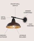 Industrial Farmhouse Outdoor Sconce With Wood Finish And Copper Bowl Shade 1 Light Iron Wall Lamp With LED Bulb shown with labels
