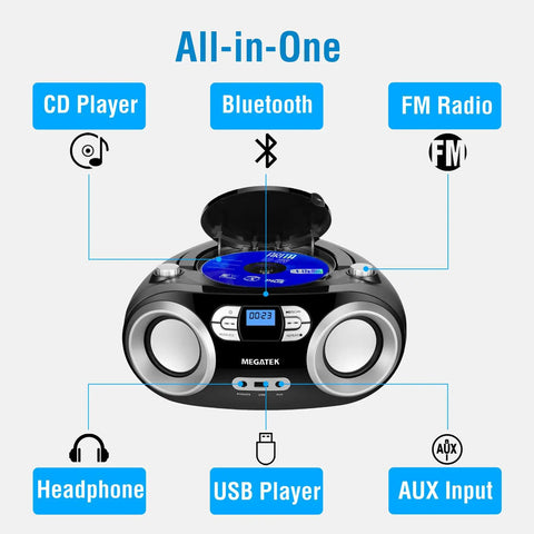 Portable CD Player Boombox With FM Radio Bluetooth USB Port And Aux Input For Home Or On The Go Compact Easy Use Design