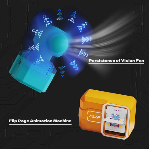 Level 4 Electrical Circuit Blocks STEM Kit For Kids With Over 380 Projects Epic Educational Electronics Toy For Boys And Girls Perfect Christmas And Birthday Gift featuring a blue Persistence of Vision fan and a yellow flip page animation machine.