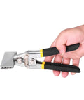 Hand holding Heavy Duty Hand Seamer Pliers For Plate Metals And Conduits with vanadium steel construction and rubber handles.