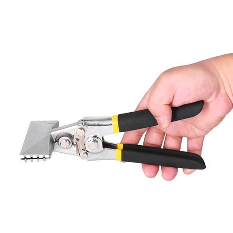 Hand holding Heavy Duty Hand Seamer Pliers For Plate Metals And Conduits with vanadium steel construction and rubber handles.