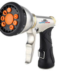 Heavy Duty Metal Garden Hose Nozzle Featuring Nine Versatile Spray Patterns For Outdoor Yard Irrigation Rust Resistant Drip Free Design Fits Standard Hoses Like A Cinch Today with rubber grip and aluminum nozzle.