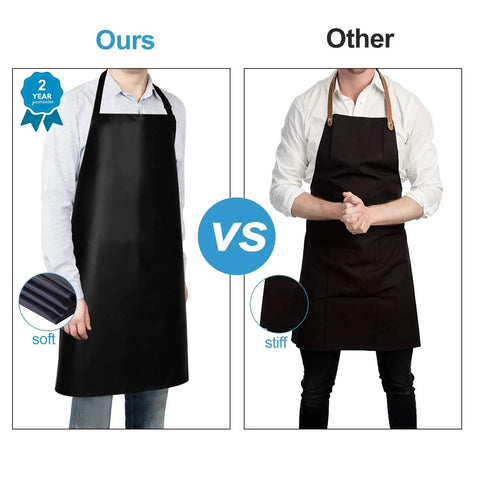 Comparison of two aprons; left shows waterproof vinyl apron for heavy duty chemical work, 40 inch adjustable bib with neck strap, soft material.